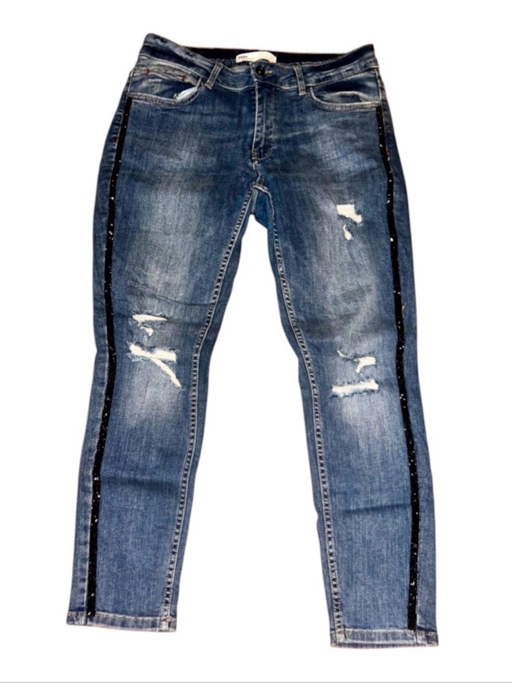 Zara Women's Blue Distressed Skinny Jeans with Black Side Stripe
